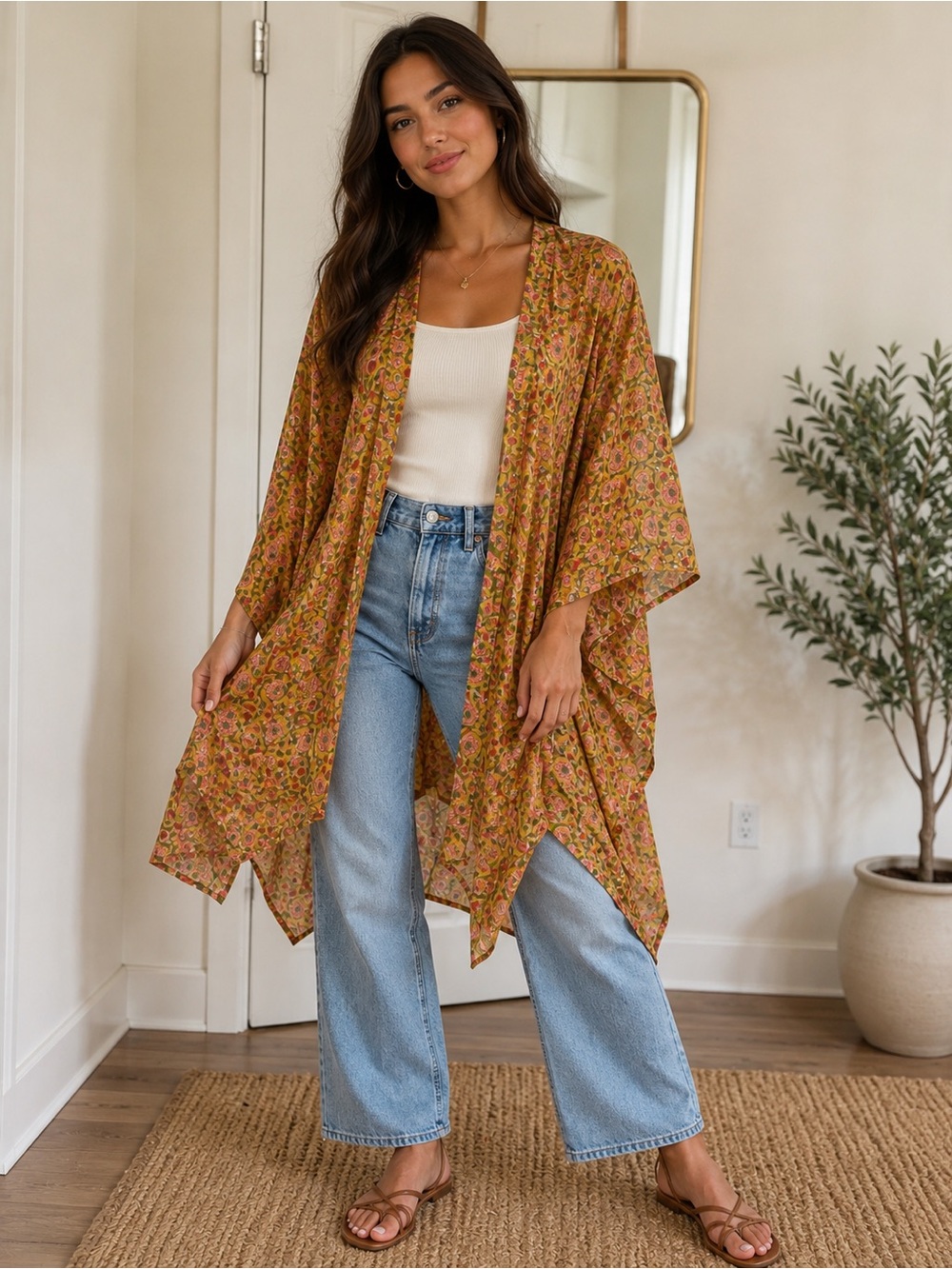 Lightweight Mustard Floral Kimono Tunic
